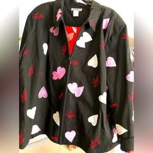 BLUTIQUE Black Jacket w/ Pink Purple & White Hearts  Red LOVE  Size 2X